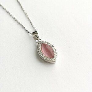 Pink Chalcedony CZ Halo Pendant necklace sterling silver 🆕